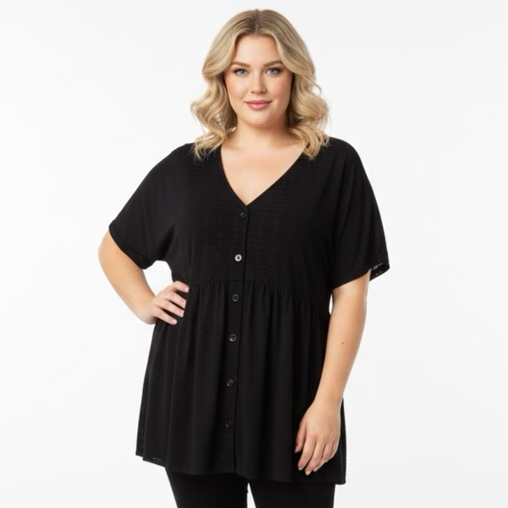 SHEIN Black Button-Down Eyelet Peplum Blouse Plus Size 2x